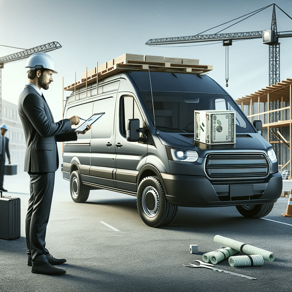 Gerente de construcción evaluando opciones de alquiler económicas de camionetas de carga, con un sitio de construcción activo en el fondo, destacando la planificación estratégica y la toma de decisiones financieras inteligentes en proyectos de construcción | Renta de Camionetas de Cargacargo