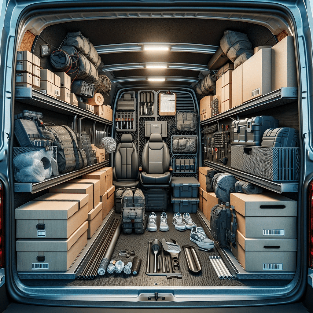 Interior de camioneta de carga organizada con sistemas de almacenamiento eficientes y herramientas de optimización de espacio | Renta de Camionetas de Cargacargo