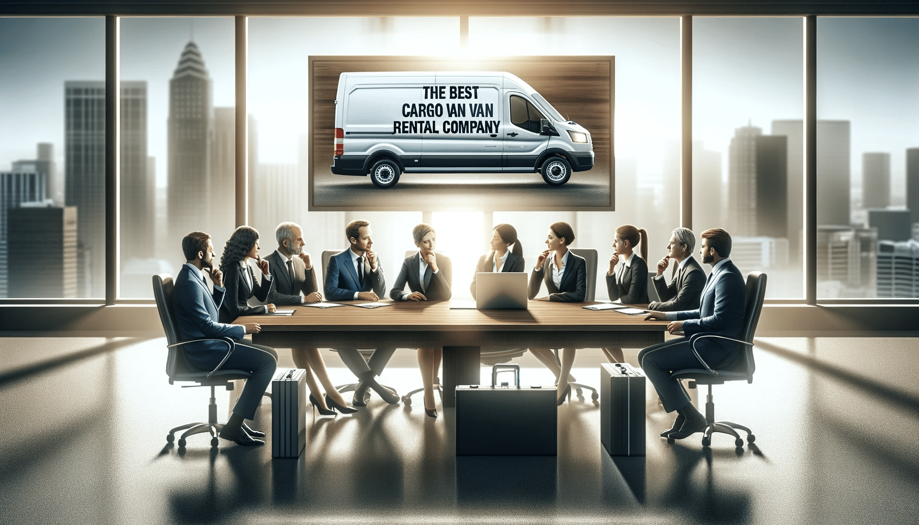 Grupo de profesionales diversos tomando decisiones empresariales sobre alquiler de camionetas de carga, con vista a paisaje urbano | Renta de Camionetas de Cargacargo