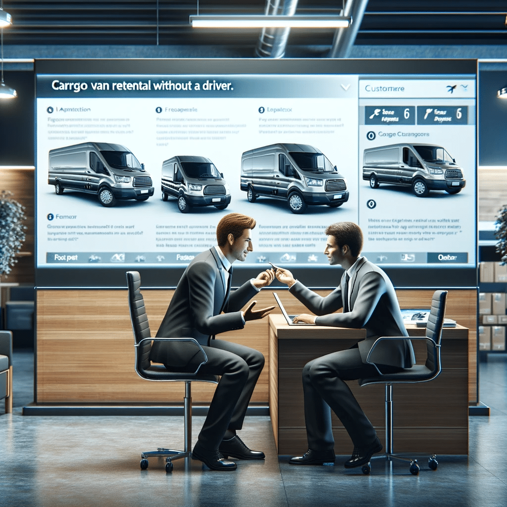 Representante de servicio al cliente asistiendo a un cliente con preguntas sobre alquiler de camionetas de carga en un ambiente profesional e informativo | Renta de Camionetas de Cargacargo