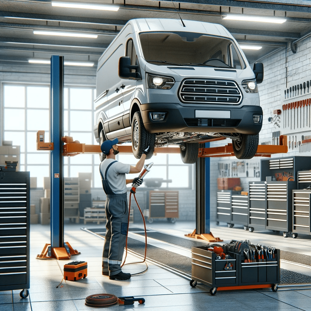 Mecánico realizando mantenimiento en una camioneta de carga en un taller bien equipado, destacando la importancia del cuidado regular | Renta de Camionetas de Cargacargo
