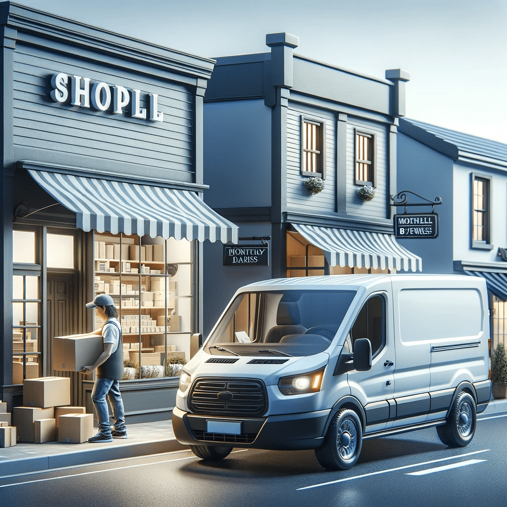 Camioneta de carga estacionada frente a un pequeño negocio, con una persona descargando cajas, ilustrando el uso común para entregas locales en pequeñas empresas | Renta de Camionetas de Cargacargo