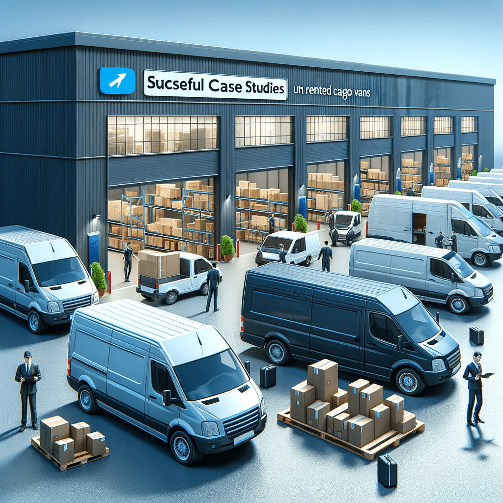 Flota de camionetas de carga modernas frente a un almacén de empresa, mostrando la optimización de operaciones logísticas | Renta de Camionetas de Cargacargo