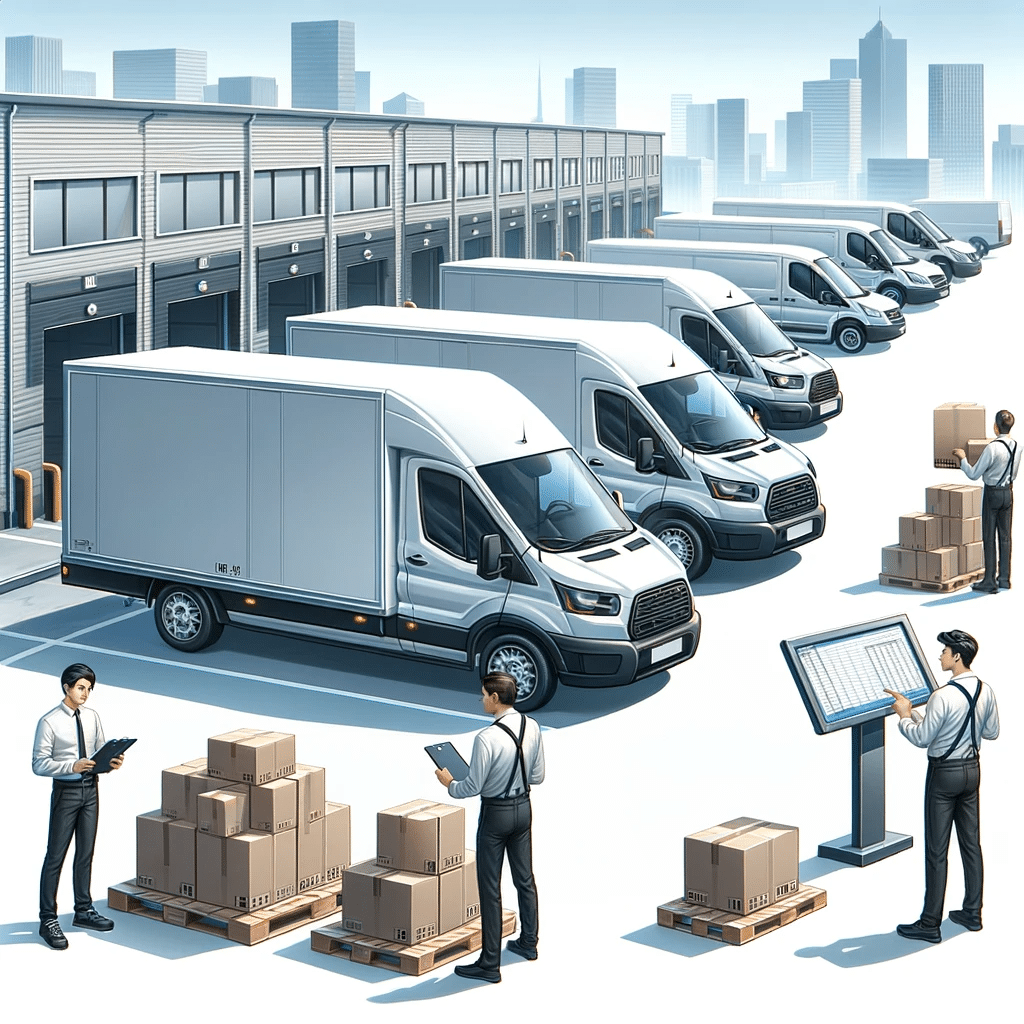 Camionetas de carga modernas siendo cargadas eficientemente en un muelle de carga organizado, con trabajadores utilizando listas de inventario digitales y organizando paquetes | Renta de Camionetas de Cargacargo