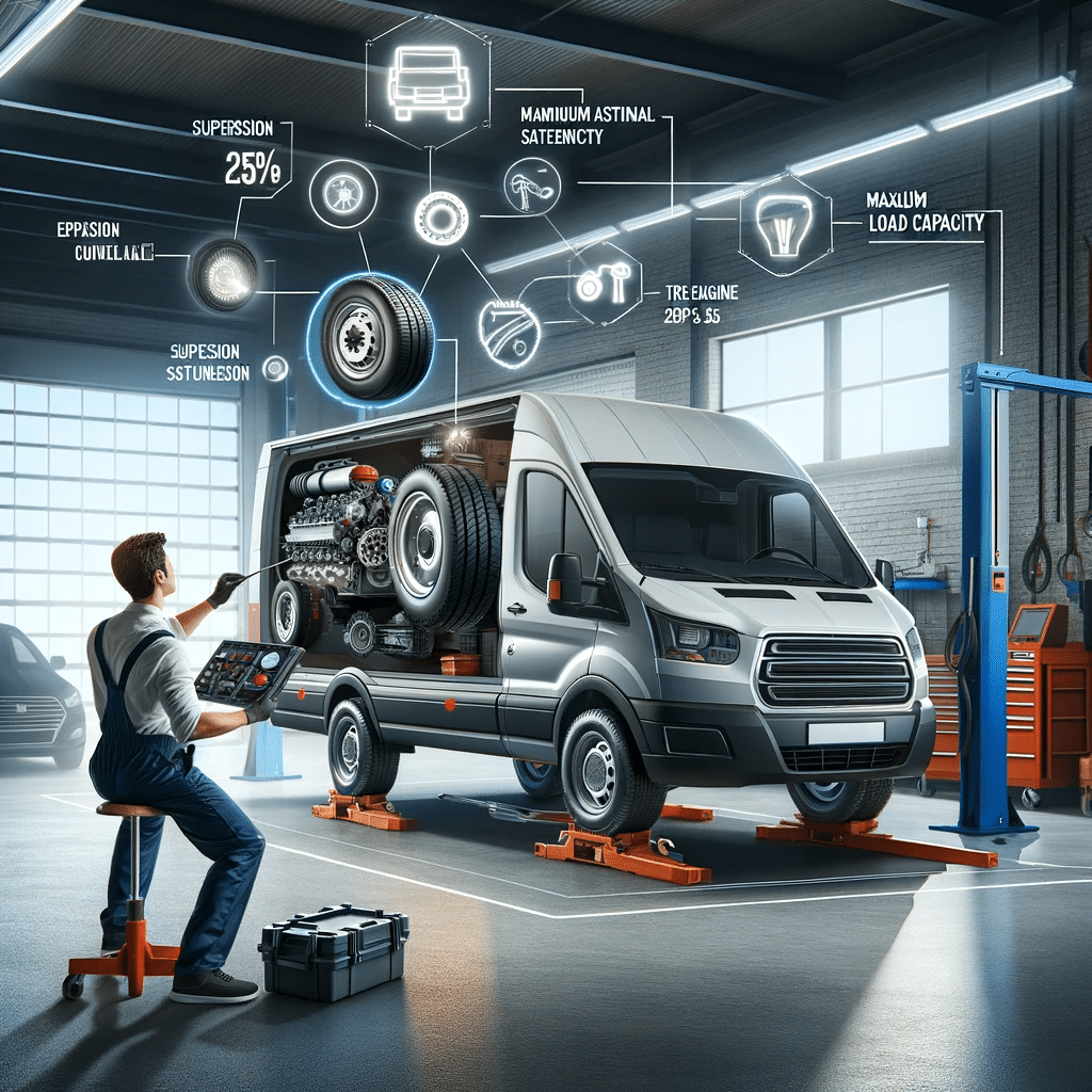 Técnico inspeccionando una camioneta de carga en un taller para determinar los factores que afectan su capacidad de carga máxima | Renta de Camionetas de Cargacargo