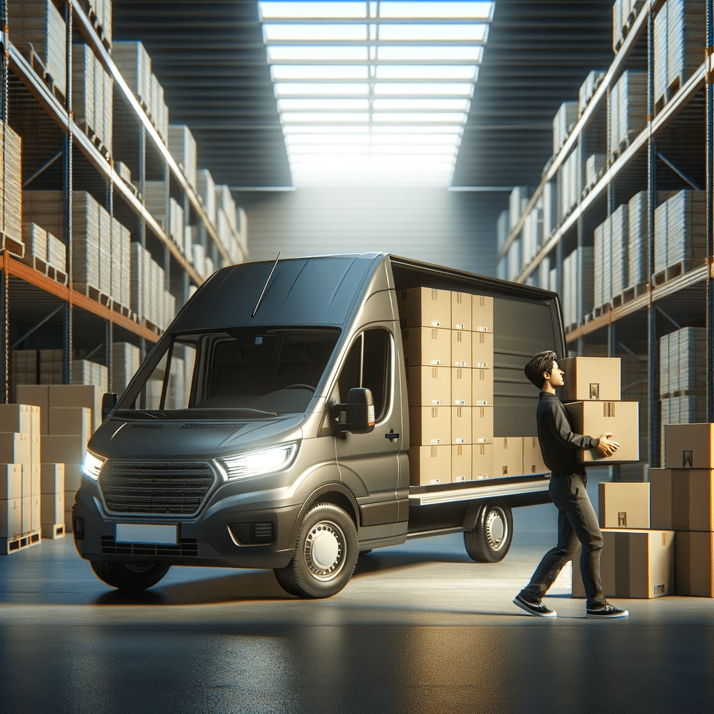 Camioneta de carga moderna siendo cargada con cajas en un entorno de almacén, resaltando la practicidad y conveniencia para el alquiler mensual | Renta de Camionetas de Cargacargo
