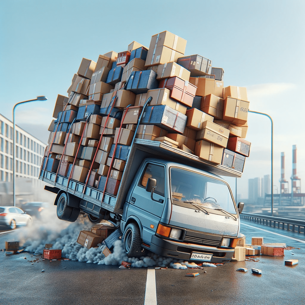 Camioneta de cargas sobrecargada en una carretera, ilustrando el estrés y los riesgos de exceder la capacidad de carga máxima | Renta de Camionetas de Cargacargo