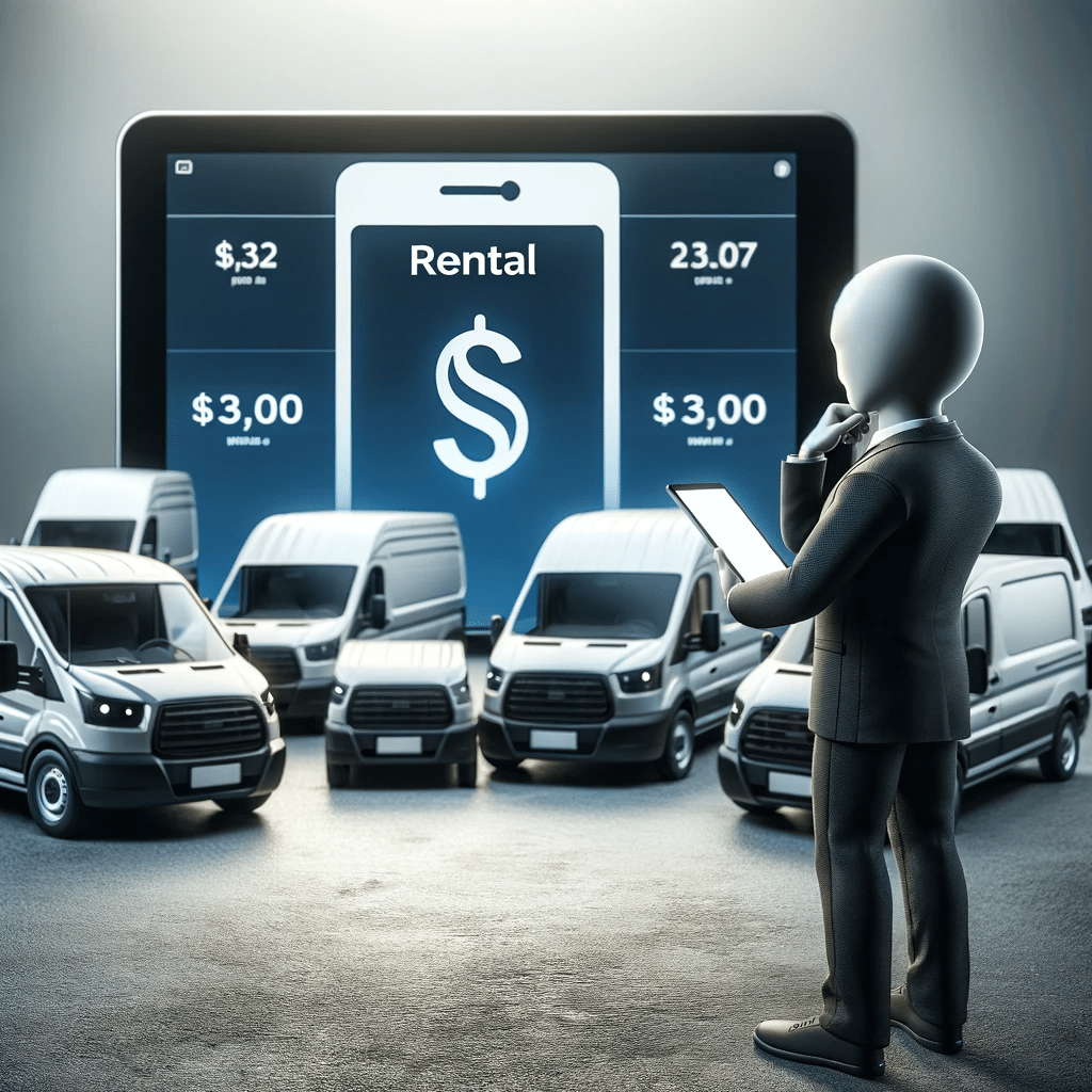 Persona comparando precios de alquiler de camionetas de carga en una tableta digital, con una variedad de camionetas de carga en el fondo, simbolizando la planificación financiera inteligente | Renta de Camionetas de Cargacargo