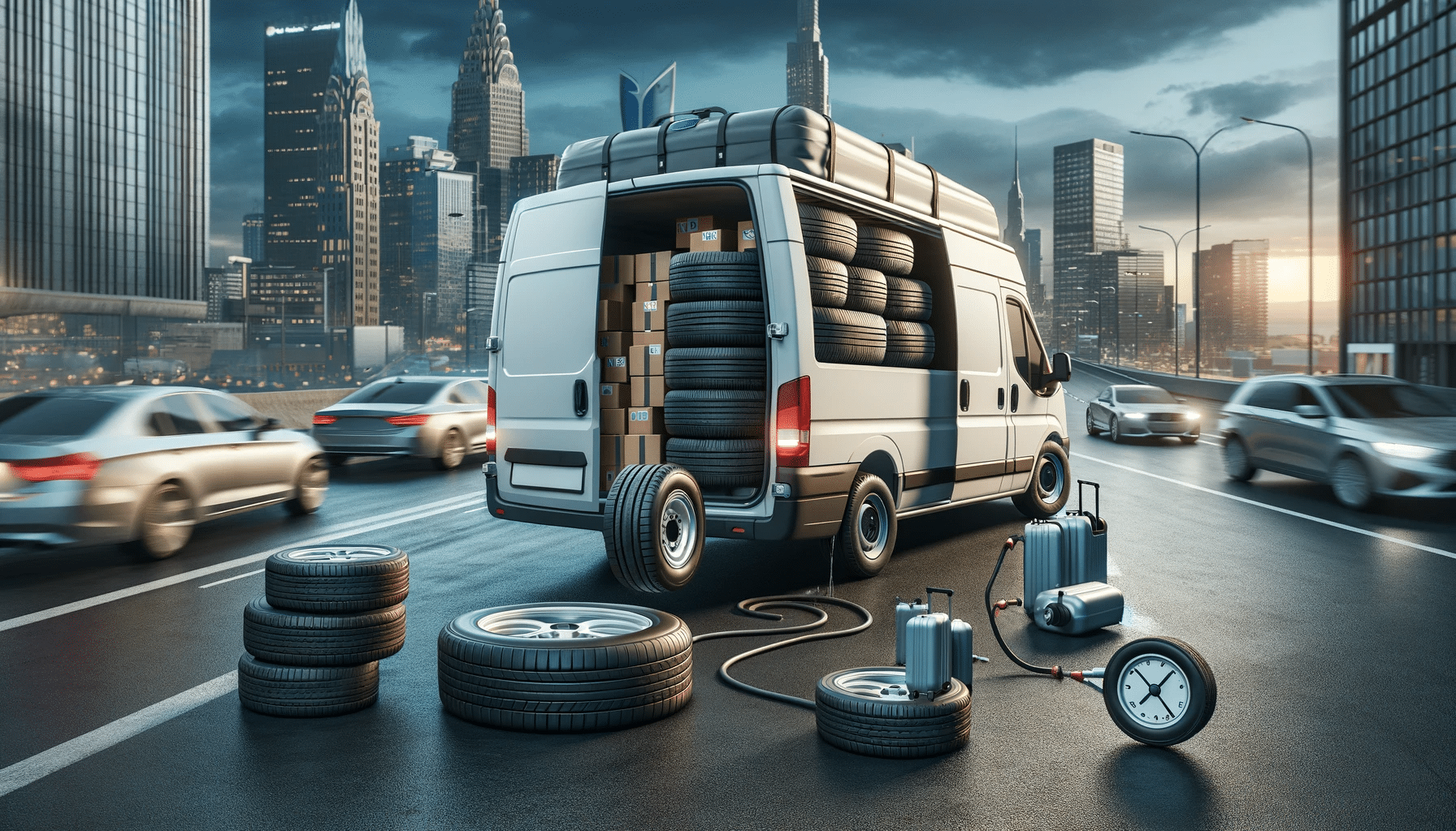 Camioneta de carga rentada con carga pesada y neumáticos desinflados, en un entorno urbano y de carretera, ilustrando factores que afectan el consumo de combustible | Renta de Camionetas de Cargacargo