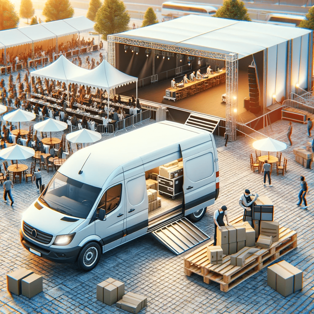Camioneta de carga descargando en evento al aire libre | Renta de Camionetas de Cargacargo