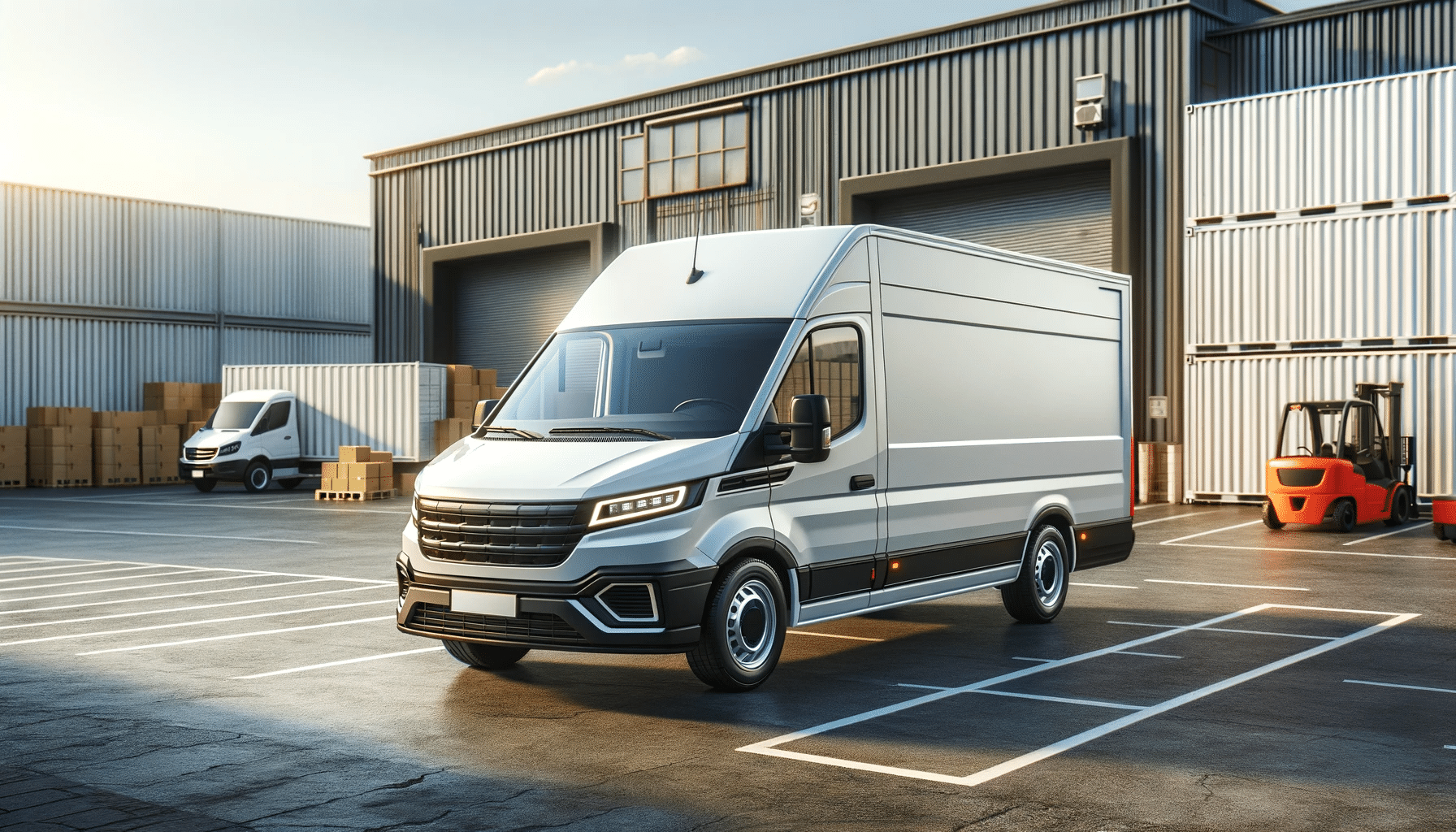 Camioneta de carga de 3.5 toneladas en zona de carga comercial, diseño moderno y elegante, con almacenes y contenedores en el fondo | Renta de Camionetas de Cargacargo
