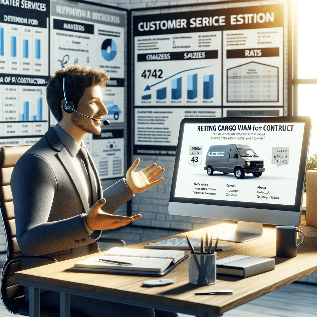 Representante de servicio al cliente en una oficina de alquiler de camionetas de carga, explicando detalles a clientes potenciales, con un ambiente informativo y de apoyo | Renta de Camionetas de Cargacargo