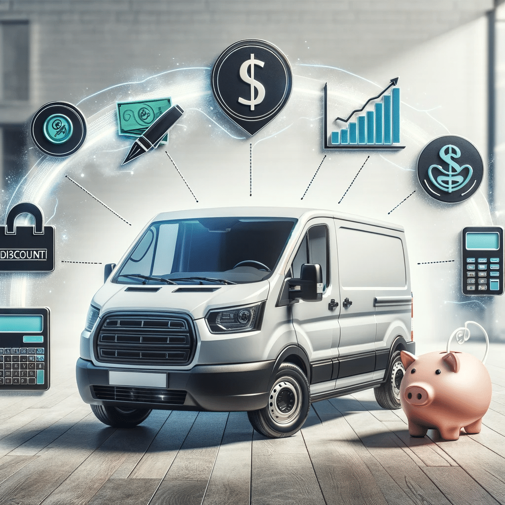 Camioneta de carga con símbolos de ahorro, destacando estrategias económicas de alquiler. | Renta de Camionetas de Carga Rent