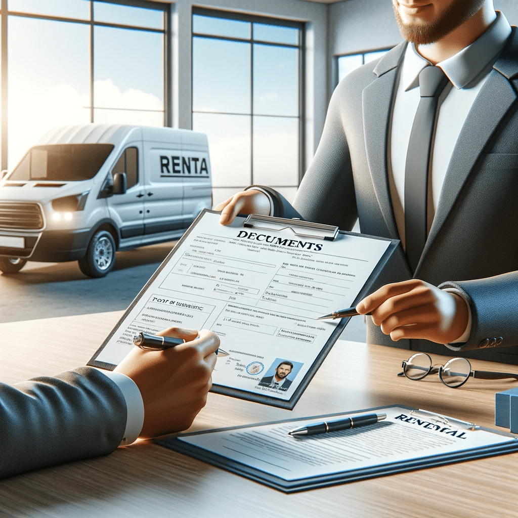 Cliente entregando documentos necesarios a un representante de servicio de alquiler de camionetas de carga en una oficina profesional | Renta de Camionetas de Cargacargo