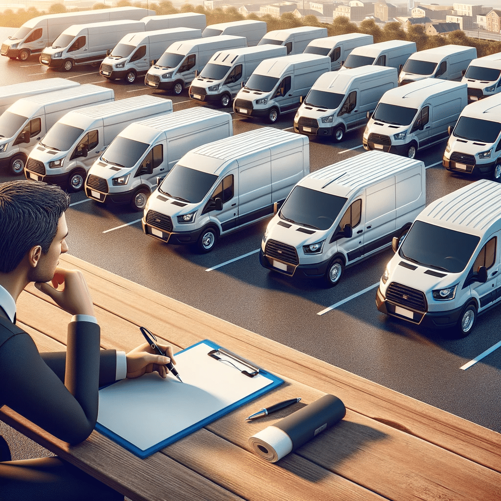 Persona examinando diferentes tamaños y características de camionetas de carga en un lote de alquiler, destacando el proceso de selección cuidadoso | Renta de Camionetas de Cargacargo