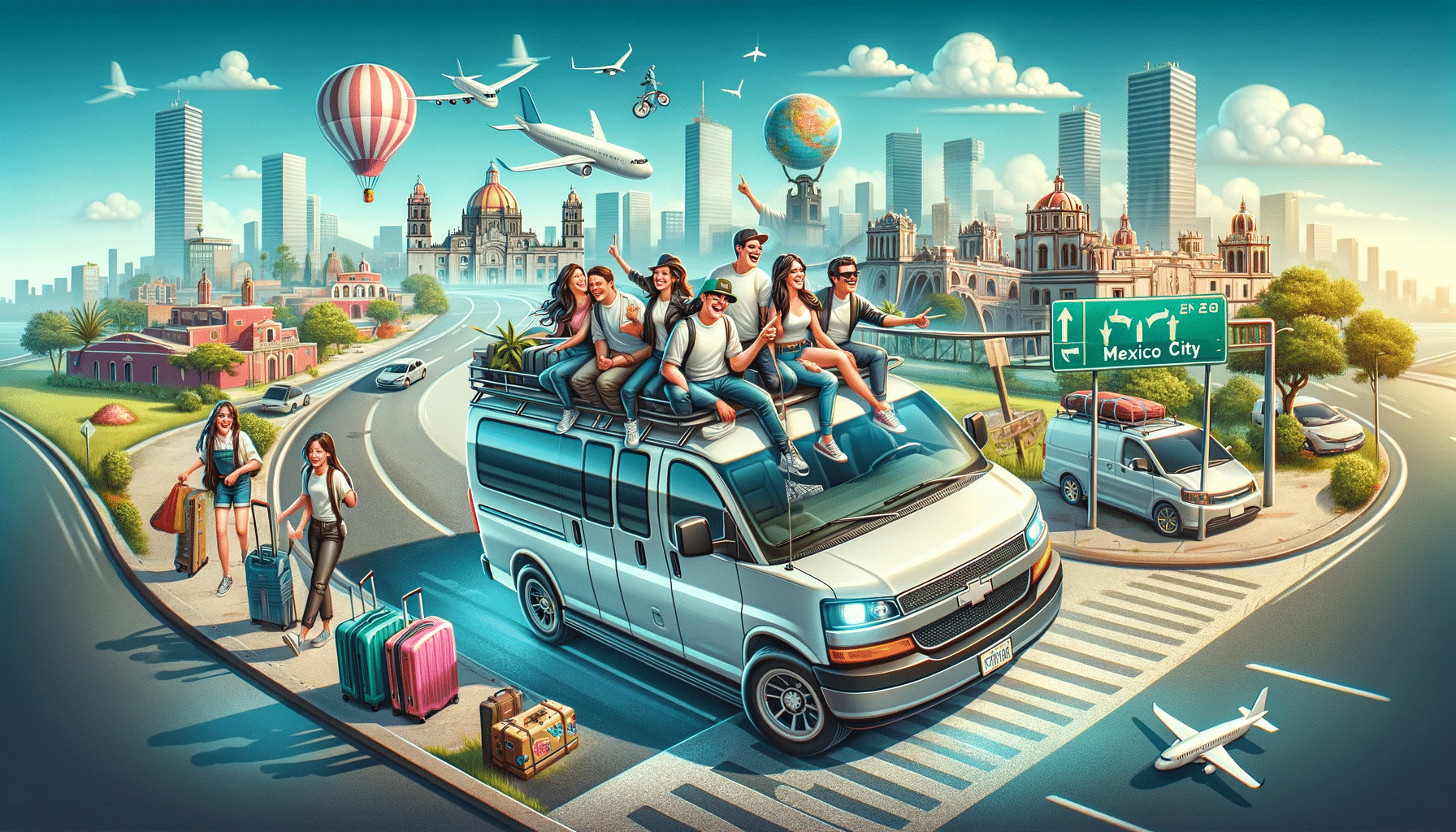 Minivan espaciosa en CDMX con pasajeros felices y mapa de la ciudad.