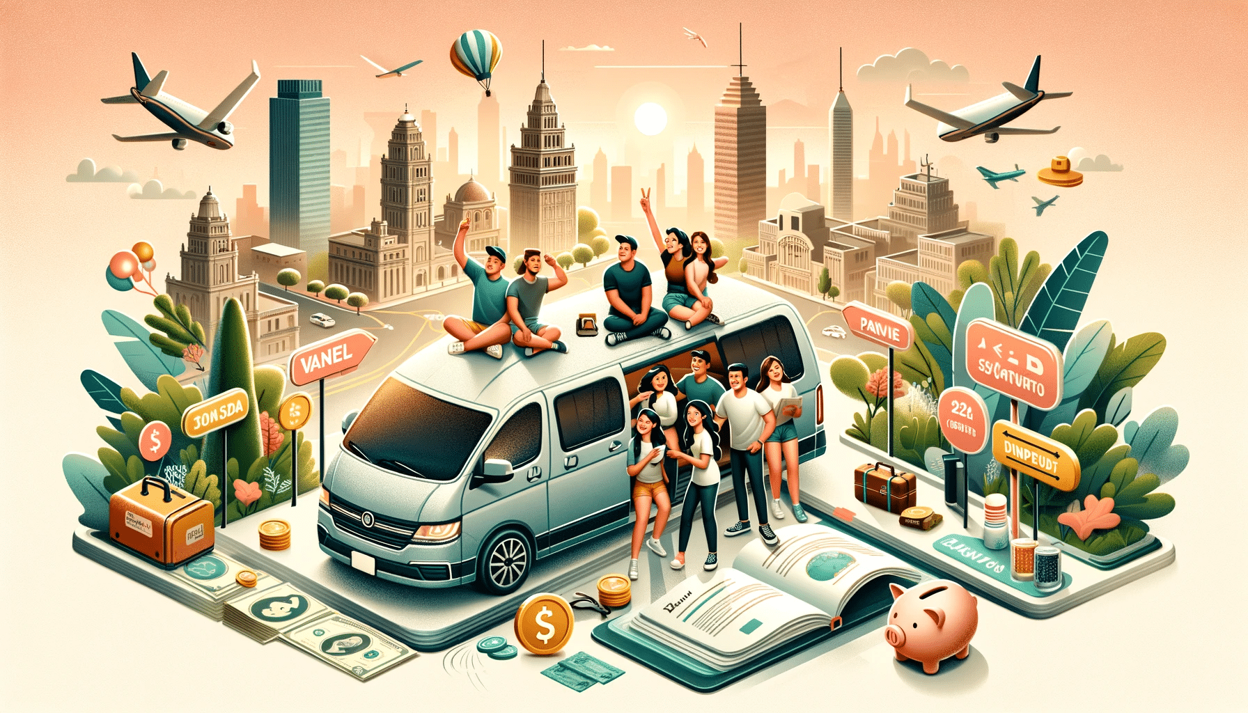 Grupo feliz viajando en van alquilada en CDMX con ahorros visibles.